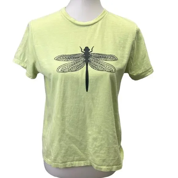 Hand Printed Upcycled Womens Medium Dragonfly 100% Cotton Crew Neck Tee - Picture 1 of 3